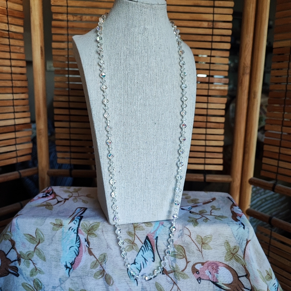 Opera Length Heavily Faceted Vintage Aurora Borealis Clear Crystal Necklace EUC